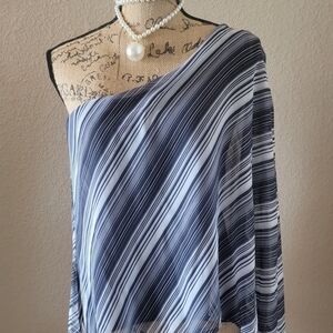 New York & Company Navy and White Striped One-Shoulder Blouse